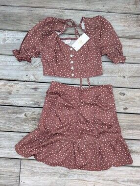 GLM Clothing Skirt Set NWT Size M Brown White Polka Dot Mini Cropped Vintage